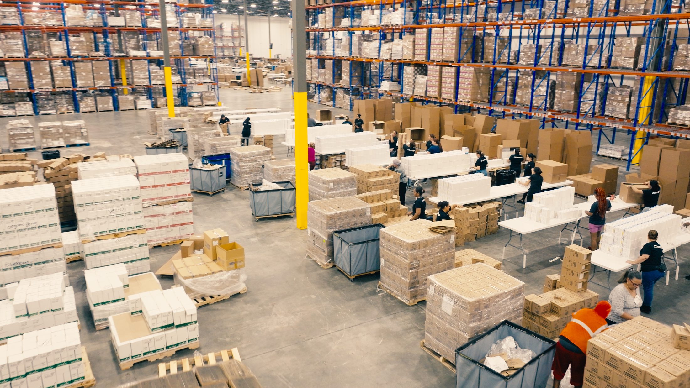 Prepped and labeled inventory staged on the ZonPrep warehouse floor